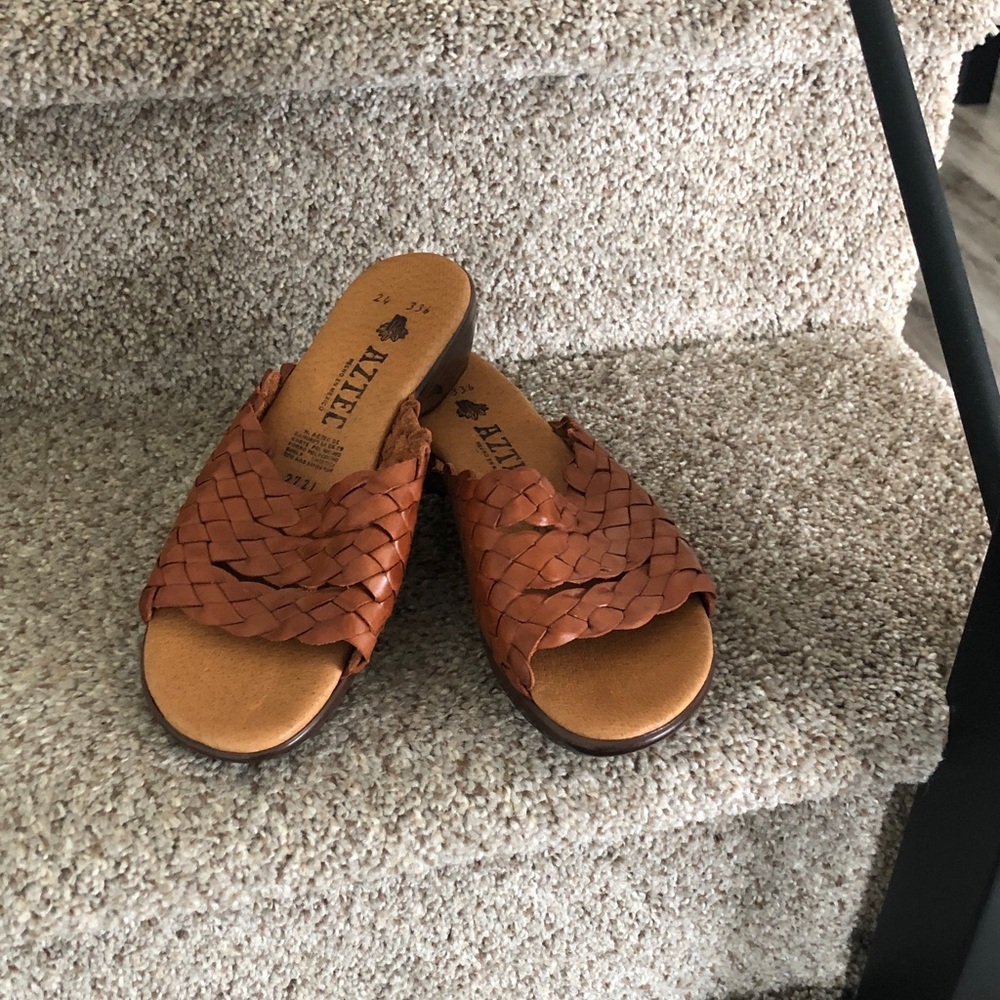 Aztec Braided Leather Slide Mules in Cognac - Picture 6 of 16